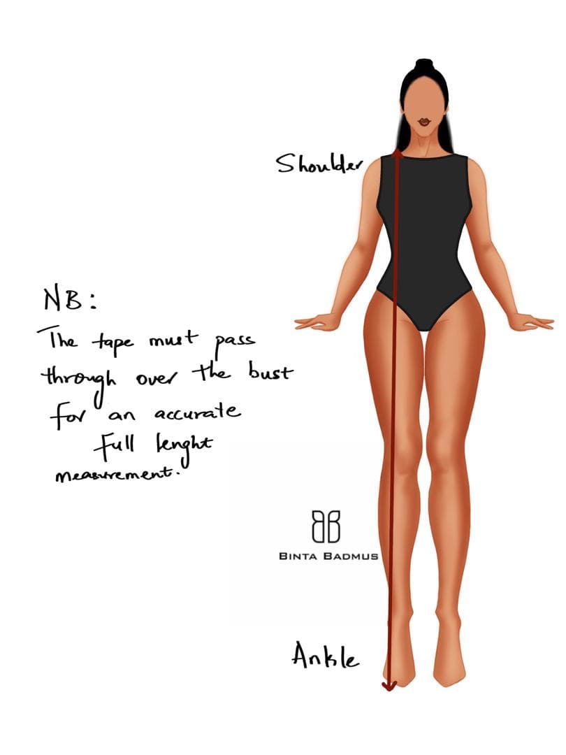 Front body illustration showing where to measure shoulder, bust, waist, and hips