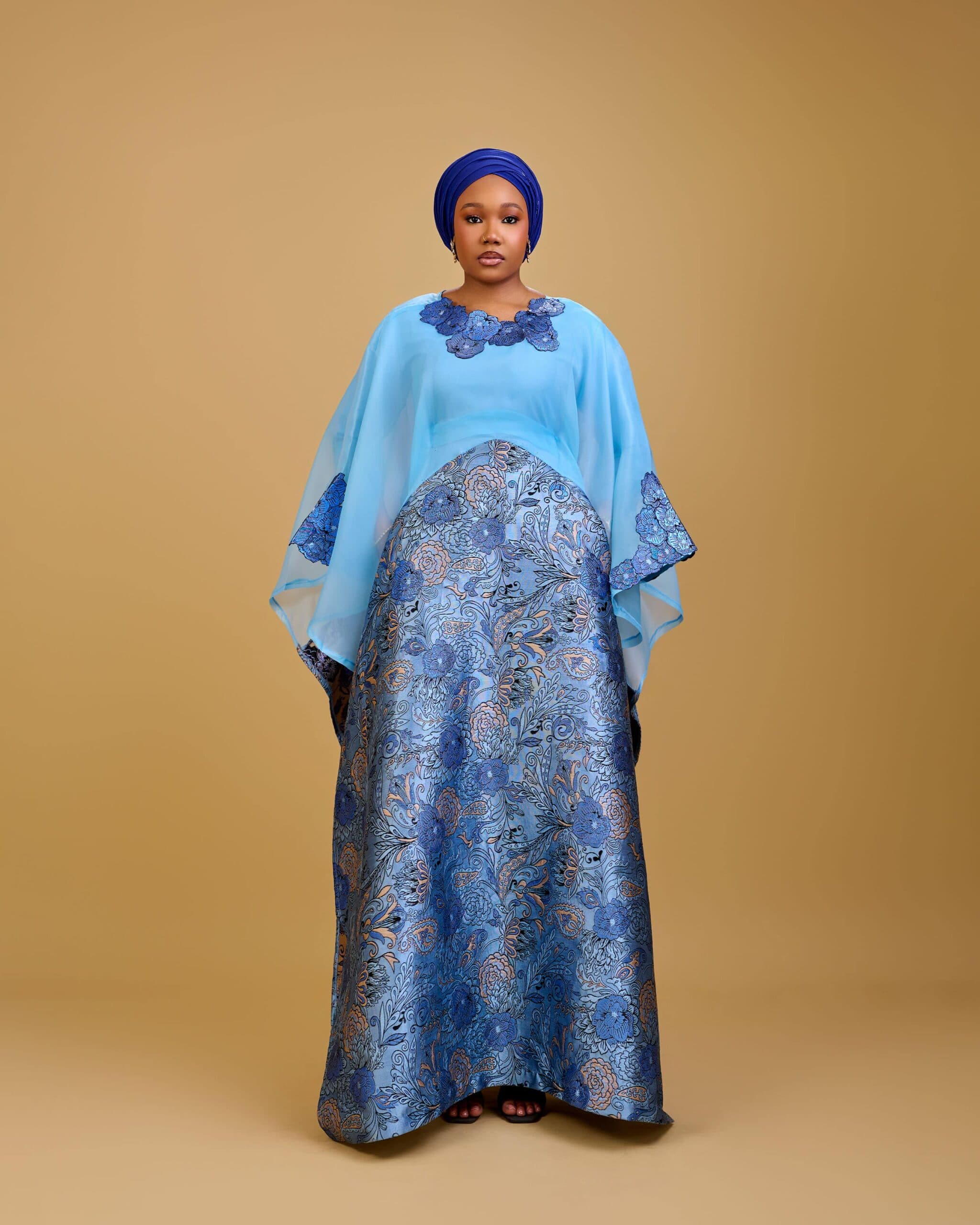 KIRA II Brocade Organza Boubou, Steel Blue, angle 2