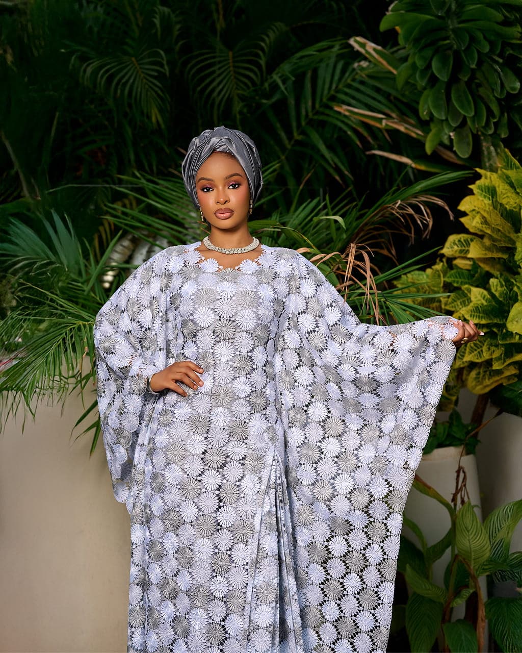 Lace Boubou Dress, Silver Grey, angle 2