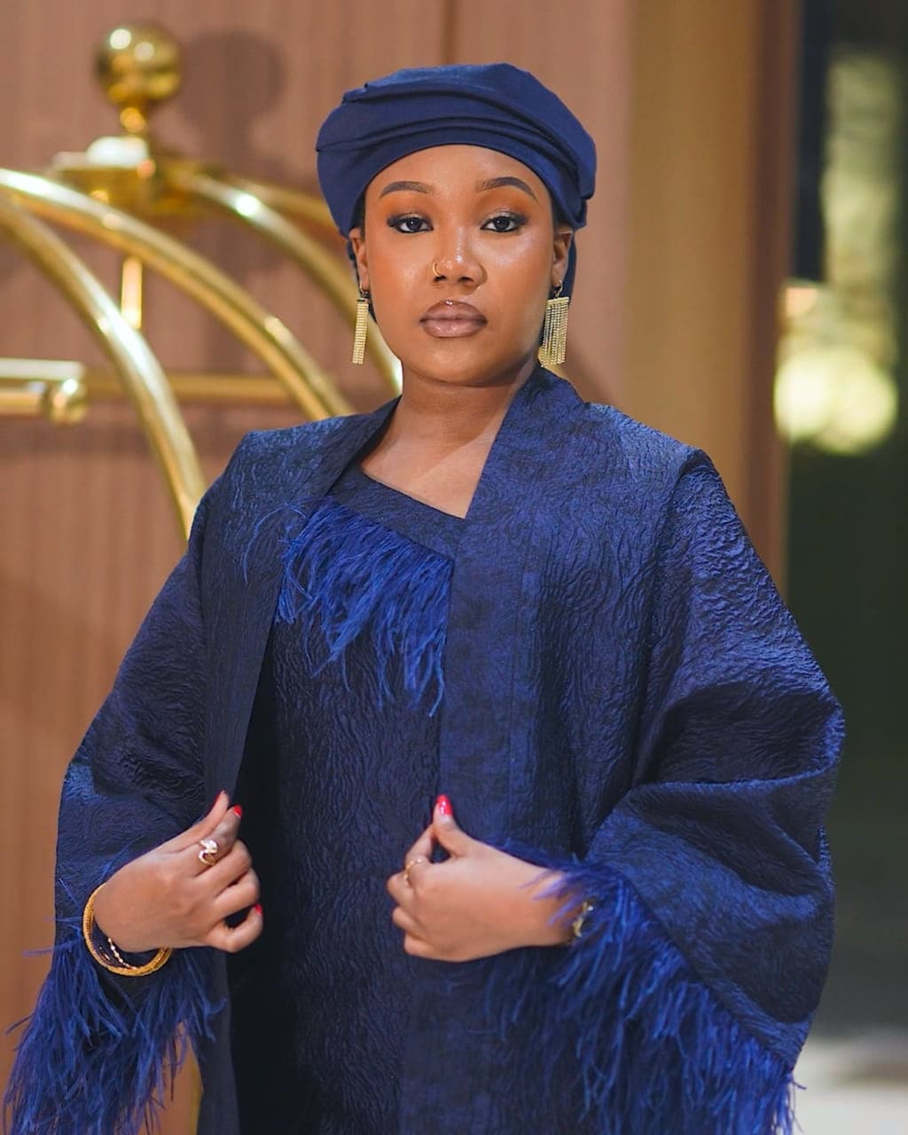 Malikah Feather Brocade Dress Set – Navy Blue, Navy Blue, angle 1