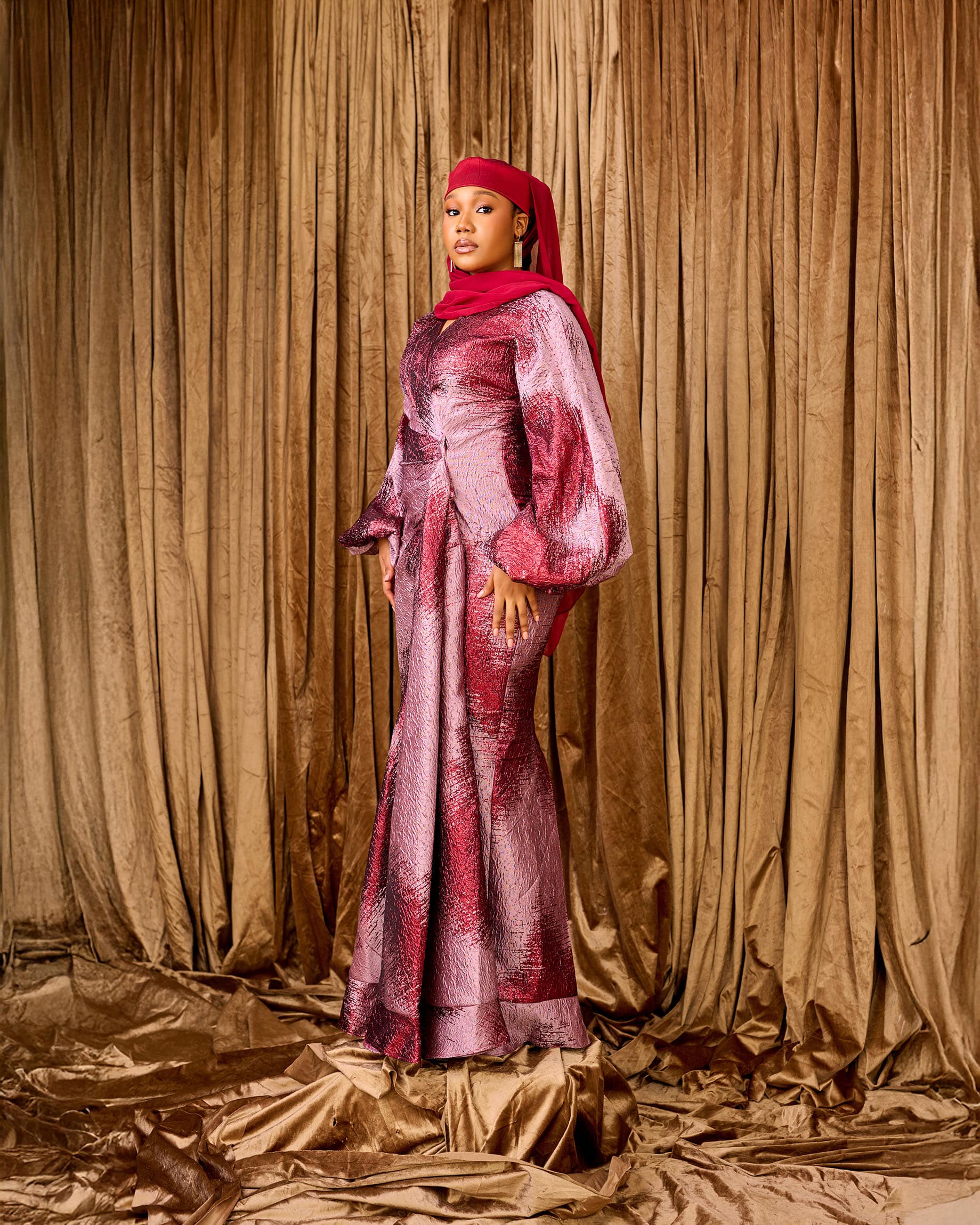 Mimi Drape Brocade Dress, Rosewood, angle 3