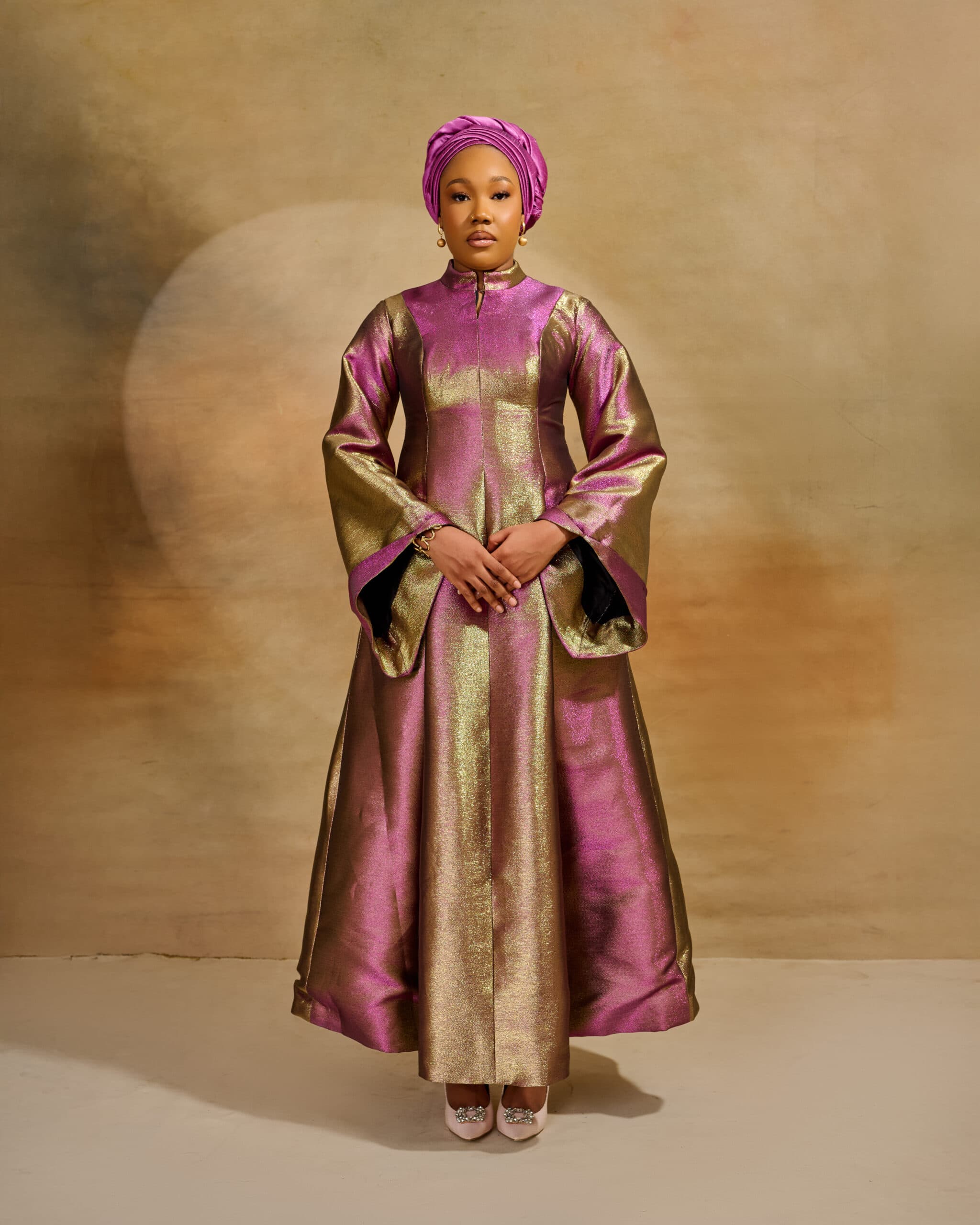Metallic two toned Kaftan, Onion & Gold, angle 2