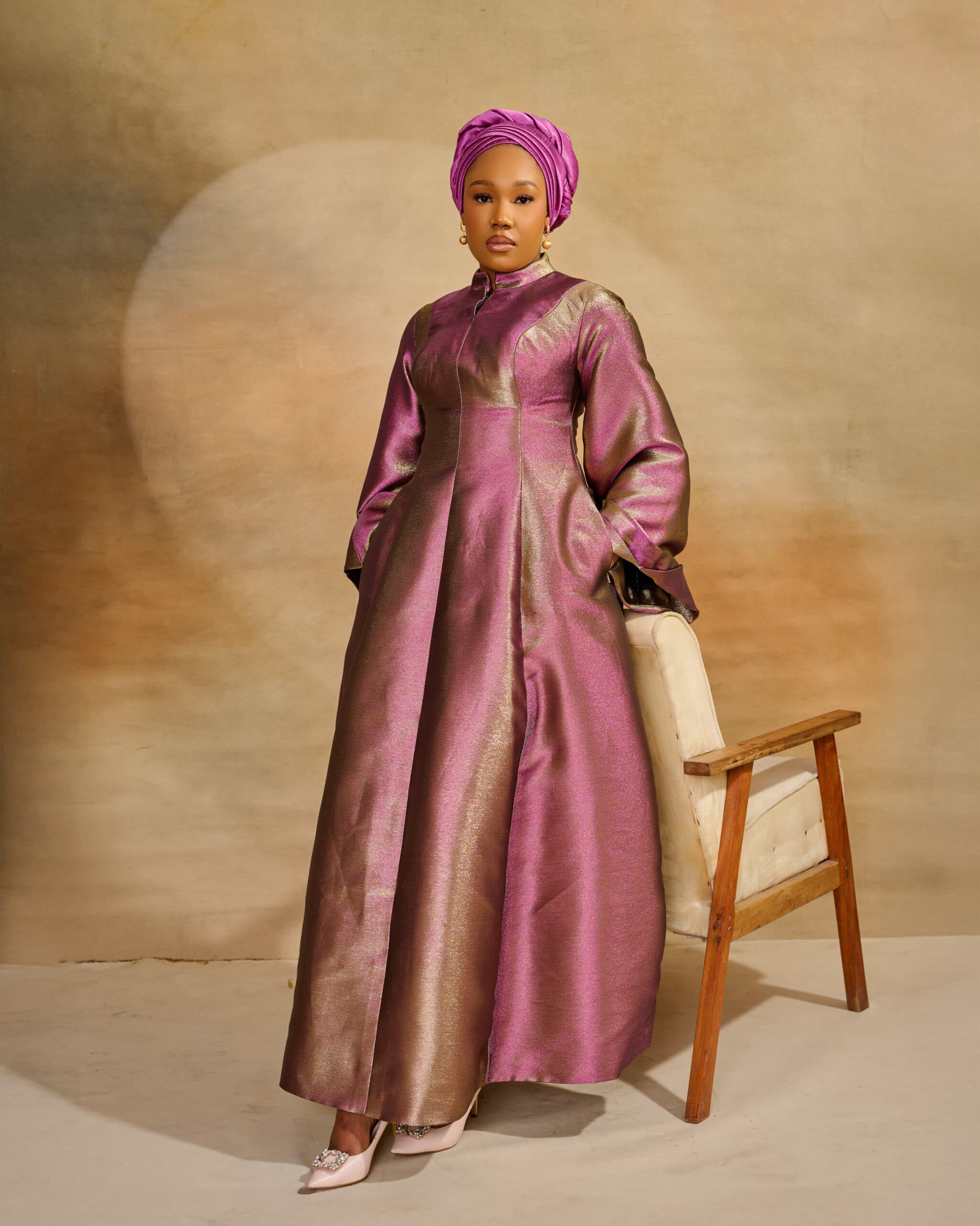 Metallic two toned Kaftan, Onion & Gold, angle 1