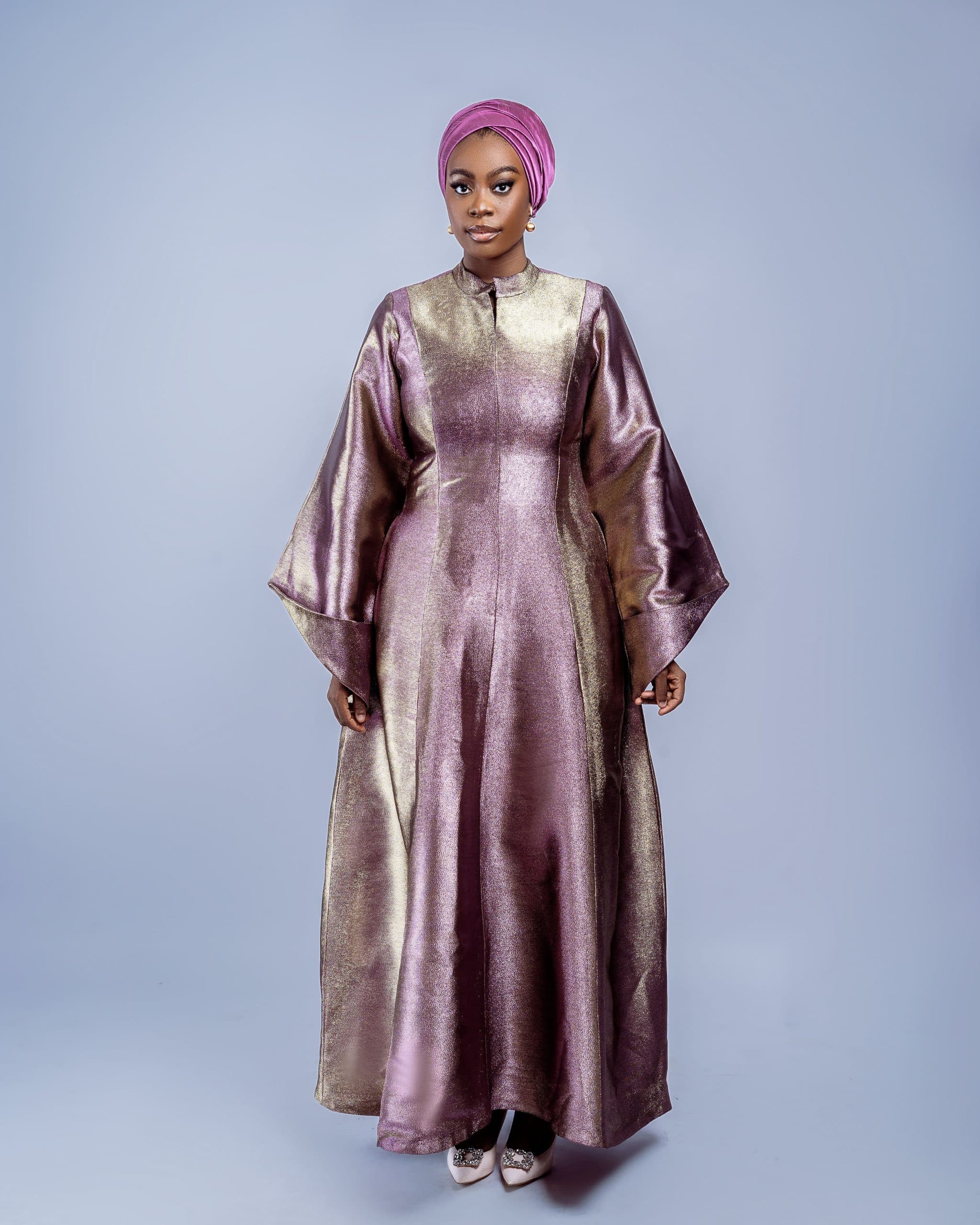 Metallic two toned Kaftan, Onion & Gold, angle 3